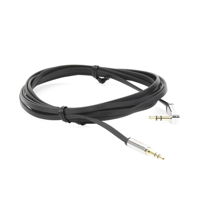 Cable Auxiliar Plano 2 Metros / Conector 3.5mm a 3.5mm / Macho-Macho / Recto a Angulo / Ángulo de 90° en una de sus Puntas / Color Negro