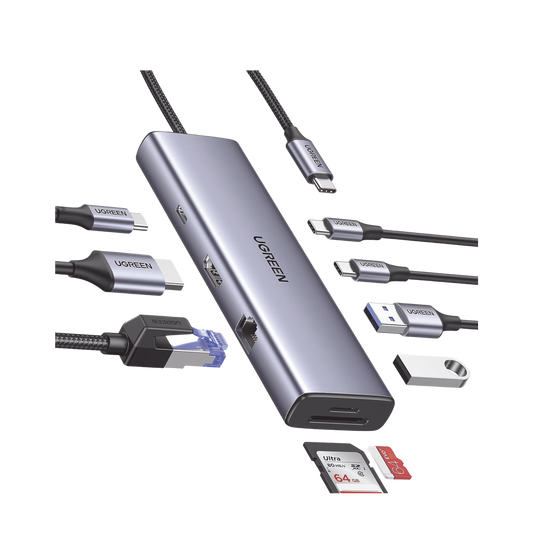HUB USB-C (Docking Revodok) 9 en 1 | 2 USB-A 3.0 (5Gbps) | 2 USB-C (5Gbps) | USB-C PD Carga 100W | HDMI 4K@60Hz | RJ45 (Gigabit Ethernet) | Lector Tarjetas SD + Micro SD (TF) Simultáneo | Chip de Última Generación | Caja de Aluminio.