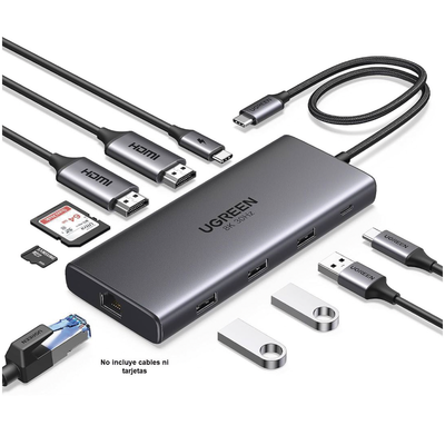 HUB USB-C (Docking Revodok Pro 210) 10 en 1 | 2 Puertos HDMI 8K,4K@60Hz | 3 USB-A | USB-C (5Gbps) | USB-C PD Carga 100W | RJ45 (Gigabit Ethernet) | Lector Tarjetas SD + Micro SD (TF) Simultáneo | Carcasa de Aluminio.