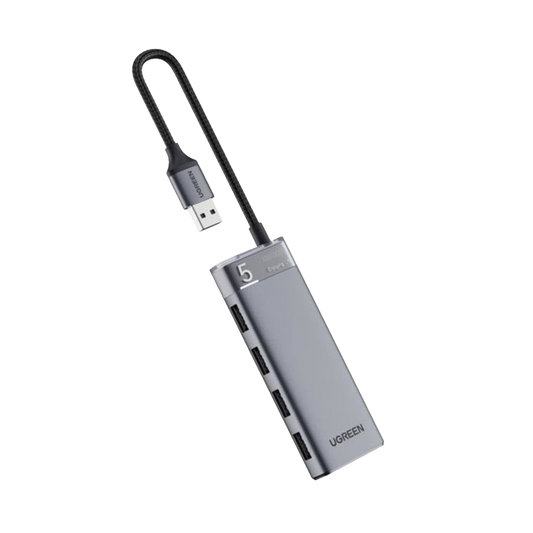 HUB USB-A 3.2 Gen1 4 EN 1 | 4 Puertos USB-A (5Gbps) | Carcasa ABS + PC | Soporta OTG | Luz Indicadora LED | Cable de Nylon Trenzado de 20cm (Mas de 20000 flexiones) | Interfaz Niquelada | Color Gris Metalizado.