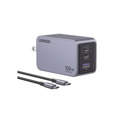 Cargador de 100W serie Nexode Pro | 3 Puertos de Carga Rápida | 2 USB-C | 1 USB-A | Tecnología GaNInfinity | PD3.1 de 100W / QC4.0 | Tecnología de Protección Térmica | Optimiza la Carga | Caja de Aluminio | Incluye Cable