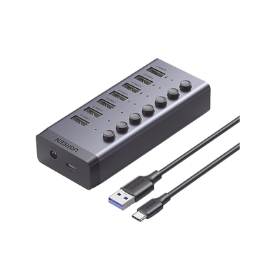 HUB de 7 Puertos USB 3.0  / 4 puertos de Carga Inteligente / Interruptor Individual / Indicadores LED / USB 3.0 a 5Gbps / 1 USB-C Hembra (solo datos) / Incluye Adaptador de Corriente 12V 2A / 7 en 1