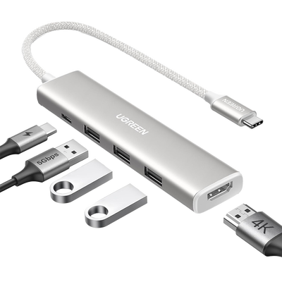 HUB USB-C (Docking Revodok) 5 en 1 | HDMI 2.0 4K@30Hz | 3 USB-A 3.0 (5Gbps) | USB-C PD Carga 100W | Chip de Última Generación | Cable de Nylon Trenzado de 25 cm | Carcasa de Aluminio | Color Blanco.