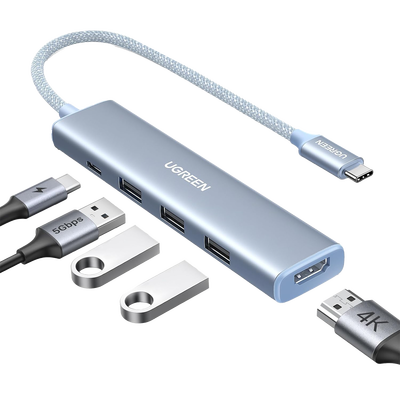 HUB USB-C (Docking Revodok) 5 en 1 | HDMI 2.0 4K@30Hz | 3 USB-A 3.0 (5Gbps) | USB-C PD Carga 100W | Chip de Última Generación | Cable de Nylon Trenzado de 25 cm | Carcasa de Aluminio | Color Azul.