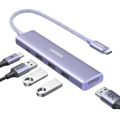 HUB USB-C (Docking Revodok) 5 en 1 | HDMI 2.0 4K@30Hz | 3 USB-A 3.0 (5Gbps) | USB-C PD Carga 100W | Chip de Última Generación | Cable de Nylon Trenzado de 25 cm | Carcasa de Aluminio | Color Morado.