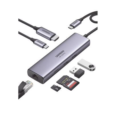 HUB USB-C (Docking Station) 7 en 1 | 2 USB-A 3.0 (5Gbps) | 1 USB-C PD Carga 100W | HDMI 4K@60Hz | RJ45 (Gigabit Ethernet) | Lector Tarjetas SD + Micro SD (TF) Uso Simultáneo | Cable de Nylon Trenzado | Caja de Aluminio.