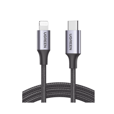 Cable USB-C a Lightning | 1 Metro | Certificado MFi | Carga Rápida 60W | 480 Mbps | Conector C94 | Adecuado para iPhone, iPad y iPod | Protección Integrada | Caja de Aluminio | Nylon Trenzado | Color Negro | 2 años de Garantía