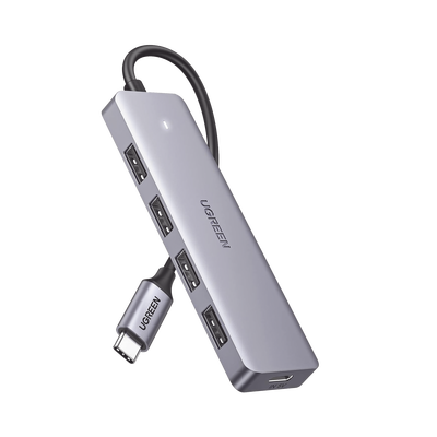 HUB USB-C 3.0 4 EN 1 | 4 Puertos USB-A (5Gbps) | Carcasa ABS + PC | Soporta OTG | Luz Indicadora LED | Compatible con iPhone 15 Pro MAX) | Interfaz Niquelada | Color Gris Metalizado | Cable de 15cm.