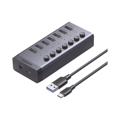 HUB de 7 Puertos USB 3.0  / 4 puertos de Carga Inteligente / Interruptor Individual / Indicadores LED / USB 3.0 a 5Gbps / 1 USB-C Hembra (solo datos) / Incluye Adaptador de Corriente 12V 2A / 7 en 1