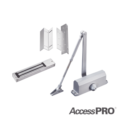 Kit para control de acceso incluye Chapa magnética de 600Lbs / Montajes L y Z / Cierra puerta para 45-65Kg.