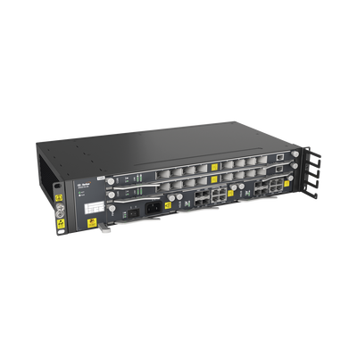 OLT Carrier Class Modular GPON, 2 Ranuras, Incluye 2 Tarjetas de Servicio de 16 puertos GPON, (32 Modulos GPON C+ Incluidos) 1 Fuente de CA, 2 UR