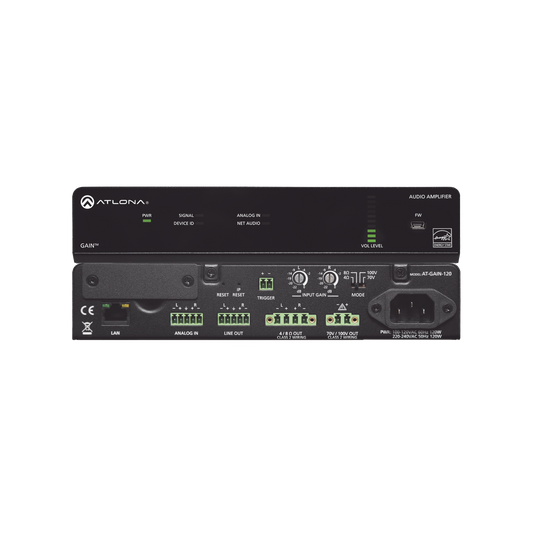 Amplificador de potencia estéreo / mono - 120 Watts / Eficiente clase D / Opcional AES67 (Interfaz de audio en red Dante)