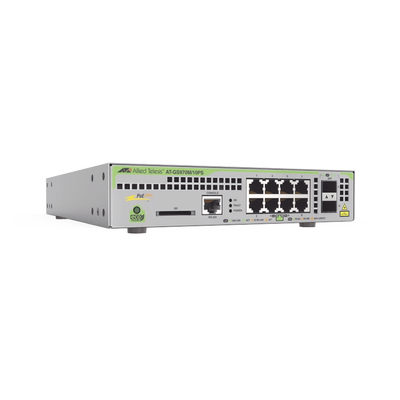 Switch PoE+ Administrable CentreCOM GS970M, Capa 3 de 8 Puertos 10/100/1000 Mbps + 2 SFP Gigabit, 124 W