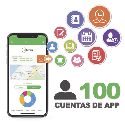 Licencia para realizar checadas de asistencia desde Smartphone (APP) con envío de fotografía y ubicación por GPS / Compatible con BIOTIMEPRO / Licencia para 100 usuario