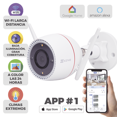 Bala IP 3 Megapíxel / Wi-Fi  / Audio de Dos Vías / Visión Nocturna en Color / Sirena / Estrobo / Detección de movimiento / Notificación Push / Ranura Para Memoria / Uso en Exterior