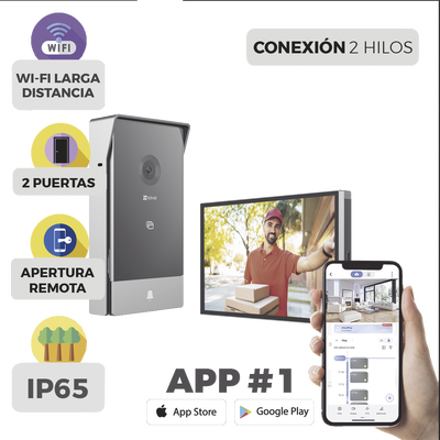 Videoportero IP Conexión a 2 Hilos / Con Monitor Wi-Fi para Interior / Frente de Calle  IP65 Uso Exterior Protegido / Cámara 3 Megapíxel / Llamada a la App / Apertura remota  / Soporta 2 Puertas / Ranura para Micro SD