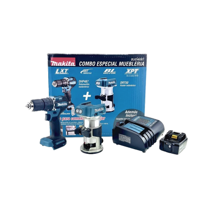 kit de Rotomartilló DHP487 +Fresadora Multifuncional DRT50, Incluye 1 Cargador Rápido DC18SD y 1 Batería li-Ion de 5.0 Ah Modelo BL1850B.