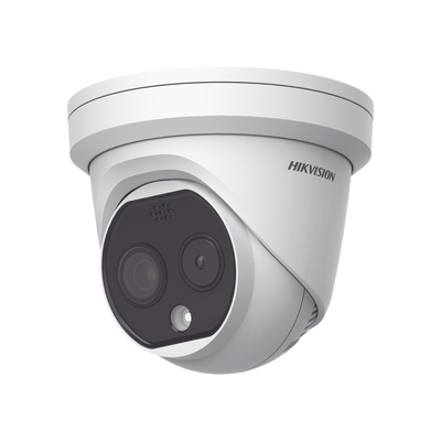 Turret IP Dual / Térmica 1.8 mm (160 x 120) / Óptico 2 mm (4 Megapixel) / Detección de Personas 53 mts / 15 mts IR / Exterior IP67 / PoE / Termométrica / Detección de Temperatura / Sirena y Luz / Micro SD 32 GB Incluida