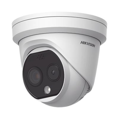 Turret IP Dual / Térmica 6.2 mm (160 X 120) / Óptico 8 mm (4 Megapixel) / 15 mts IR / Exterior IP67 / PoE / Termométrica / Detección de Fuego / Detección de Temperatura / Sirena y Luz Intermitente Integrada