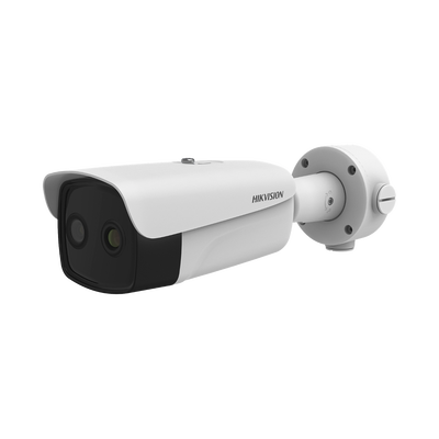 Bala IP Dual / Térmica 15 mm (384 X 288 ) / Óptico 6 mm (4 Megapixel) / 50 mts IR / IP66 / PoE / Termométrica / Detección de Temperatura y Fuego / MicroSD