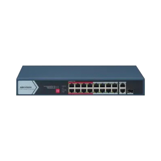 Switch PoE+ / No Administrable / 16 Puertos 100 Mbps PoE+ / 2 Puerto 1000 Mbps Uplink + 1 Puerto SFP Uplink / PoE hasta 300 Metros / 130 Watts
