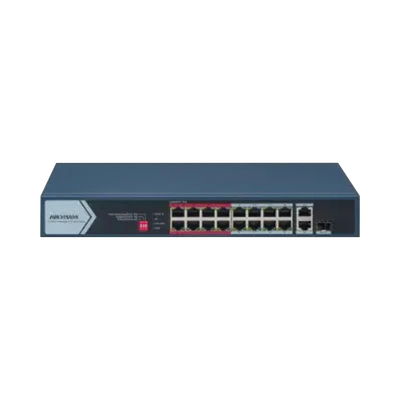 Switch PoE+ / No Administrable / 16 Puertos 100 Mbps PoE+ / 2 Puerto 1000 Mbps Uplink + 1 Puerto SFP Uplink / PoE hasta 300 Metros / 130 Watts