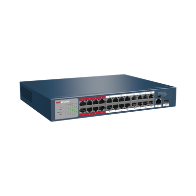 Switch PoE+ / No Administrable / 24 Puertos 100 Mbps PoE+ / 1 Puerto 1000 Mbps + 1 Puerto SFP Uplink / PoE hasta 250 Metros / 230 Watts