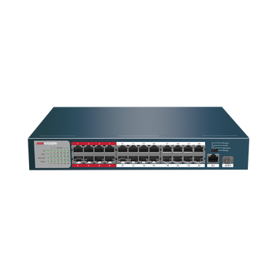 Switch PoE+ / No Administrable / 24 Puertos 100 Mbps PoE+ / 1 Puerto 1000 Mbps + 1 Puerto SFP Uplink / PoE hasta 250 Metros / 230 Watts