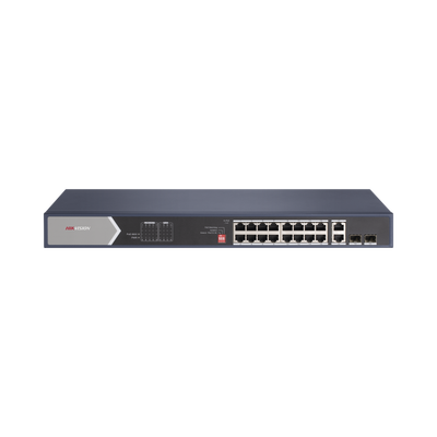 Switch PoE+ / No Administrable / 16 Puertos 100 Mbps PoE+ (4 Puertos PoE++ 90 W) / 2 Puertos 1000 Mbps Uplink + 2 Puertos SFP de Uplink / PoE hasta 250 Metros / 225 Watts