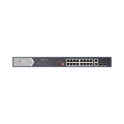 Switch PoE+ / No Administrable / 16 Puertos 100 Mbps PoE+ (4 Puertos PoE++ 90 W) / 2 Puertos 1000 Mbps Uplink + 2 Puertos SFP de Uplink / PoE hasta 250 Metros / 225 Watts