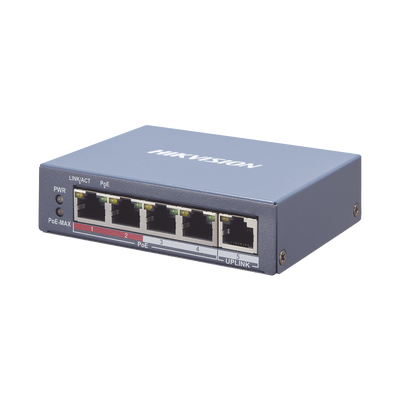 Switch Monitoreable PoE+ / 4 puertos 100 Mbps PoE+ / 1 Puerto 100 Mbps Uplink / PoE hasta 250 Metros / 60 Watts / Conexión Remota desde Hik-PartnerPro