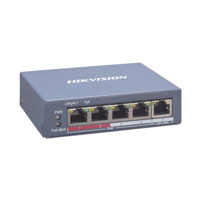 Switch Monitoreable PoE+ / 4 puertos 100 Mbps PoE+ / 1 Puerto 100 Mbps Uplink / PoE hasta 250 Metros / 60 Watts / Conexión Remota desde Hik-PartnerPro