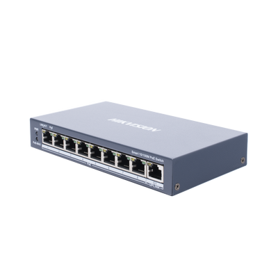 Switch Monitoreable PoE+ / 8 puertos 100 Mbps PoE+ / 1 puerto 1000 Mbps de Uplink / PoE hasta 300 Metros / Conexión Remota desde Hik-ParnerPro / 110 W