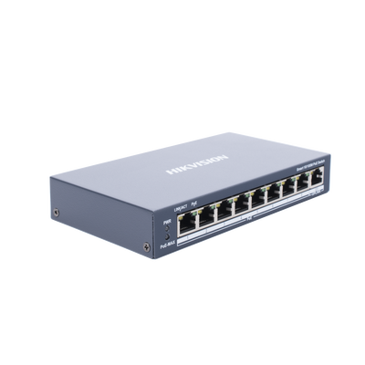 Switch Monitoreable PoE+ / 8 puertos 100 Mbps PoE+ / 1 puerto 1000 Mbps de Uplink / PoE hasta 300 Metros / Conexión Remota desde Hik-ParnerPro / 110 W