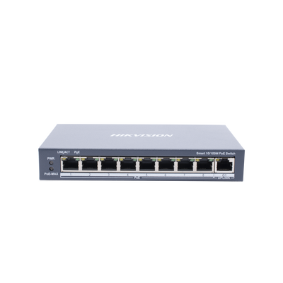 Switch Monitoreable PoE+ / 8 puertos 100 Mbps PoE+ / 1 puerto 1000 Mbps de Uplink / PoE hasta 300 Metros / Conexión Remota desde Hik-ParnerPro / 110 W