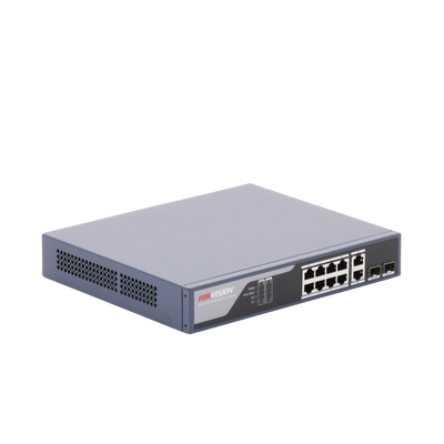 Switch PoE+ / Administrable / Uso en Rack (1 U) / 8 Puertos PoE+ / 2 Puertos SFP / 2 Puertos Uplink Gigabit / Configuración Remota desde Hik-PartnerPro / PoE Hasta 300 Metros / 125 W