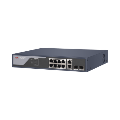 Switch PoE+ / Administrable / Uso en Rack (1 U) / 8 Puertos PoE+ / 2 Puertos SFP / 2 Puertos Uplink Gigabit / Configuración Remota desde Hik-PartnerPro / PoE Hasta 300 Metros / 125 W