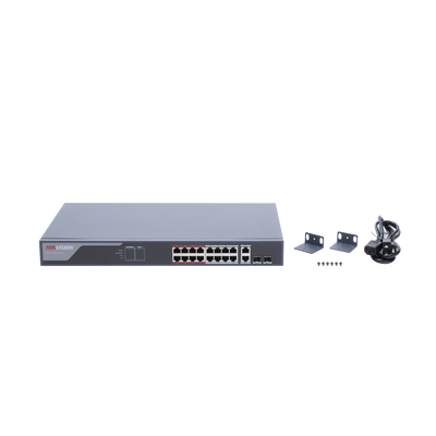 Switch Monitoreable PoE+ / 16 puertos 100 Mbps PoE+ / 2 Puertos 1000 Mbps Uplink + 2 Puertos SFP de Uplink / PoE hasta 250 Metros / Conexión Remota desde Hik-PartnerPro / 230 Watts