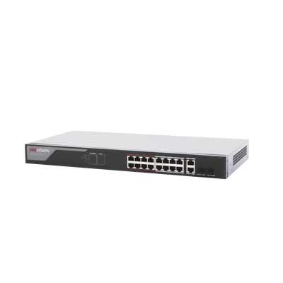 Switch Monitoreable PoE+ / 16 puertos 100 Mbps PoE+ / 2 Puertos 1000 Mbps Uplink + 2 Puertos SFP de Uplink / PoE hasta 250 Metros / Conexión Remota desde Hik-PartnerPro / 230 Watts