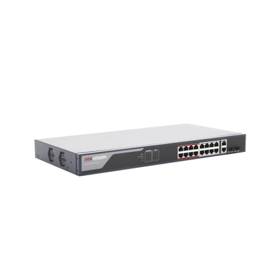 Switch Monitoreable PoE+ / 16 puertos 100 Mbps PoE+ / 2 Puertos 1000 Mbps Uplink + 2 Puertos SFP de Uplink / PoE hasta 250 Metros / Conexión Remota desde Hik-PartnerPro / 230 Watts