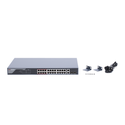 Switch Monitoreable PoE+ / 24 Puertos 100 Mbps PoE+ / 2 Puertos 1000 Mbps + 2 Puertos SFP de Uplink / PoE hasta 250 Metros / Conexión Remota desde Hik-PartnerPro / 370 Watts