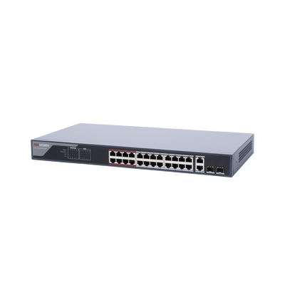 Switch Monitoreable PoE+ / 24 Puertos 100 Mbps PoE+ / 2 Puertos 1000 Mbps + 2 Puertos SFP de Uplink / PoE hasta 250 Metros / Conexión Remota desde Hik-PartnerPro / 370 Watts