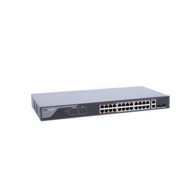 Switch Monitoreable PoE+ / 24 Puertos 100 Mbps PoE+ / 2 Puertos 1000 Mbps + 2 Puertos SFP de Uplink / PoE hasta 250 Metros / Conexión Remota desde Hik-PartnerPro / 370 Watts