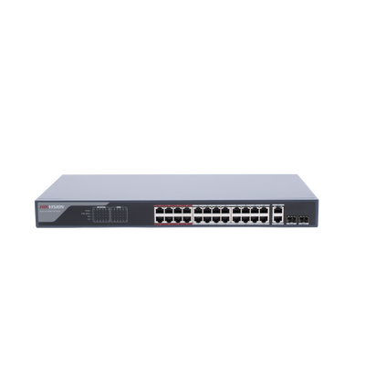 Switch Monitoreable PoE+ / 24 Puertos 100 Mbps PoE+ / 2 Puertos 1000 Mbps + 2 Puertos SFP de Uplink / PoE hasta 250 Metros / Conexión Remota desde Hik-PartnerPro / 370 Watts