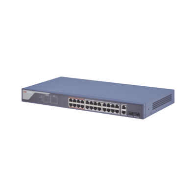 Smart Switch PoE+ Administrable / 24 puertos 10/100 Mbps PoE+ (hasta 300 m) + 2 puertos 10/100/1000Mbps + 2 Puertos SFP Uplink / 370 W / Hik-PartnerPro y Hik-Central