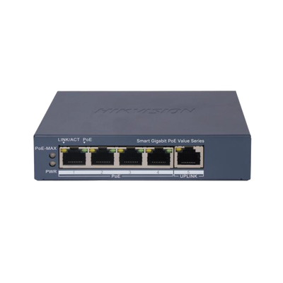 Switch Gigabit PoE+ / Administrable / 4 Puertos 1000 Mbps PoE+ / 1 Puerto 1000 Mbps Uplink / Configuración Nube Hik-PartnerPro / Modo Extendido hasta 300 Metros / 45 Watts