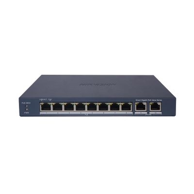 Switch Gigabit PoE+ / Administrable / 8 Puertos 1000 Mbps PoE+ / 2 Puertos 1000 Mbps de Uplink / Configuración Remota desde Hik-PartnerPro / Modo Extendido hasta 300 Metros / 60 W