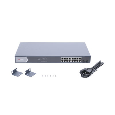 Switch Gigabit PoE+ / Administrable / 16 Puertos 1000 Mbps PoE+ / 2 Puertos SFP / Configuración Remota desde Hik-ParnerPro / PoE hasta 300 Metros / 225 Watts