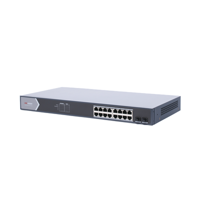 Switch Gigabit PoE+ / Administrable / 16 Puertos 1000 Mbps PoE+ / 2 Puertos SFP / Configuración Remota desde Hik-ParnerPro / PoE hasta 300 Metros / 225 Watts