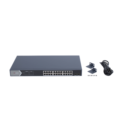 Switch Gigabit PoE+ / Administrable / 24 Puertos 1000 Mbps PoE+ / 2 Puertos SFP / Configuración Remota desde Hik-PartnerPro / PoE Extendido 250 Metros / 370 Watts